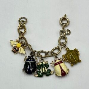 J. Crew Gold‎ Tone 3D Enamel Bee Beetle Frog Turtle Animal Charm Dangle Bracelet